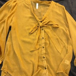 Mustard button down pheasant blouse with bow